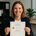 Emprendedora feliz recibiendo su constancia de registro de marca ante el IMPI, en Corporativo Fernández Consultores